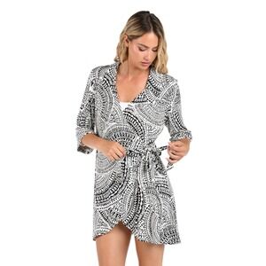 LA BLANCA Wrap Robe Kimono Black White Geometric Print Tie Waist Kimono Dress XL